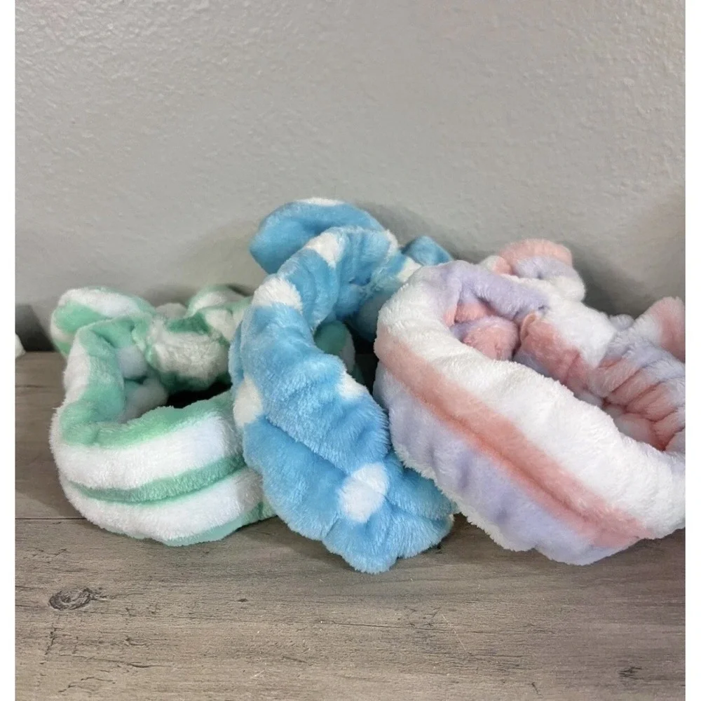 3 Fuzzy Spa Makeup Headbands Bow Face Washing Skincare Head Wrap Set NWOT